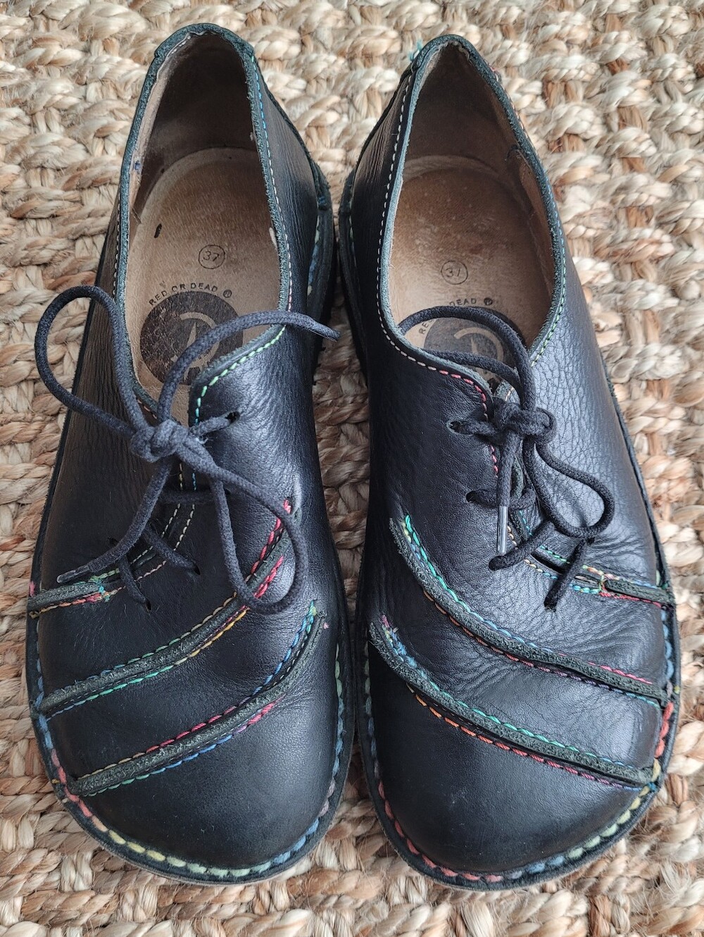 Red Or Dead Vintage Black Leather Rainbow Stitch Derby Shoes EU 37 Y2K Grunge